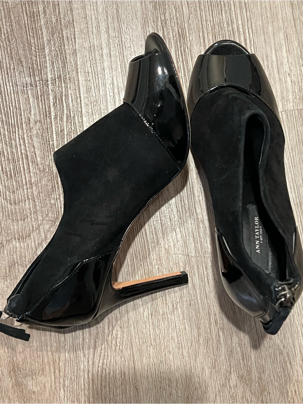 Ann Taylor Black Suede and Patent Peep-Toe Booties